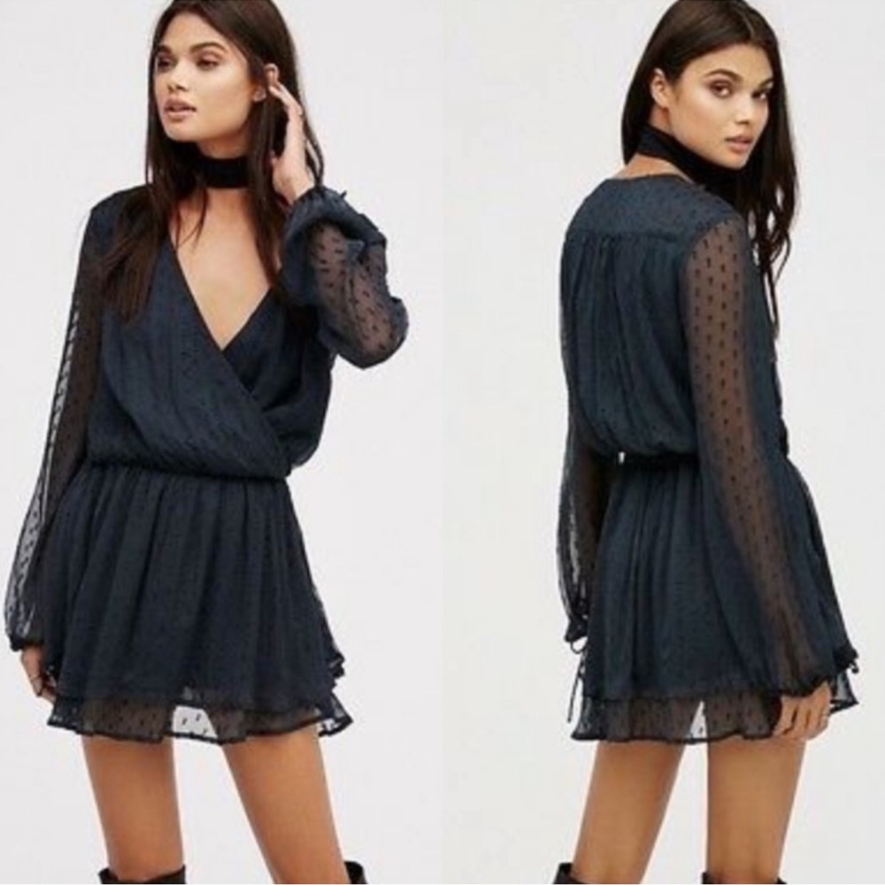 Free People Dalia Peasant Blouson Clipdot Mini Dress in Deep Jade Size Large